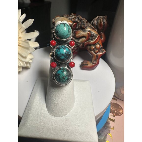 VTG Sterling Silver Red Coral Turquoise Ring - Picture 1 of 7